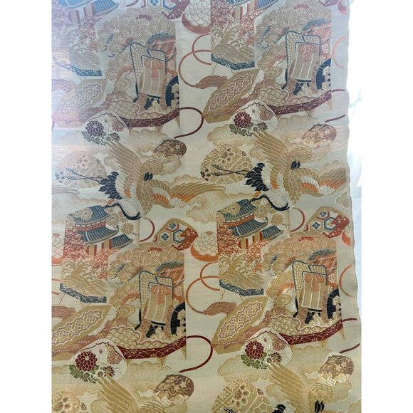 4 Yards Japanese Brocade Silk Kimono/Obi  Fabric Gold Vintage Cranes - Picture 1 of 15